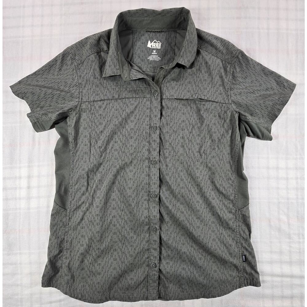 REI Co Op Shirt Womens Sahara Button Up Short Sleeve Vented Hiking Olive Green M